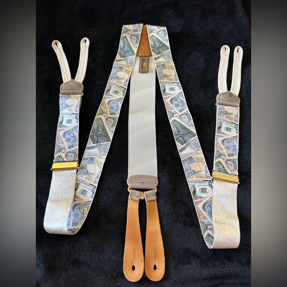 TRAFALGAR LIMITED EDITION “ITS A GLOBAL MARKET” BRACES /SILK AND LEATHER EUC